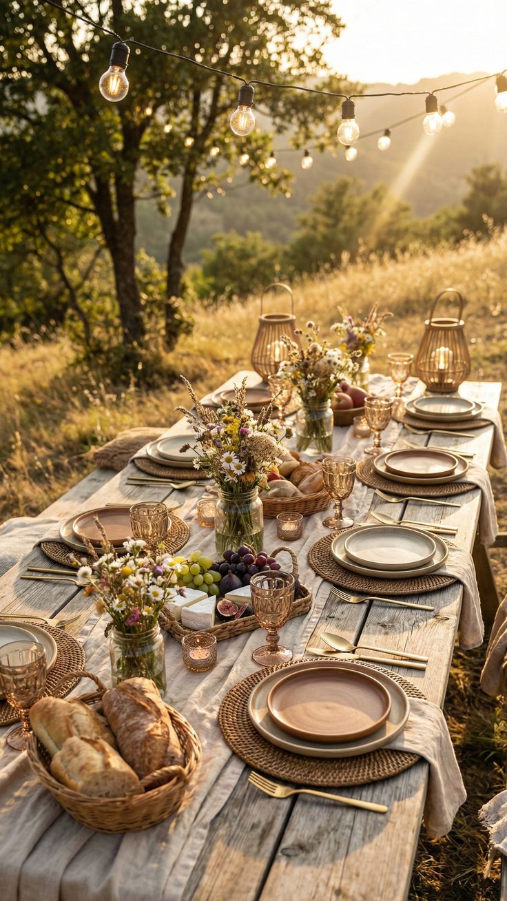 Picnic table set up in the farm paddock at golden hour